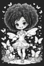 Placeholder: create a coloring page of a chibi girl with a curly afro ponytails dancing around hearts and butterflies. she smiles while shes playing with her kitten, black and white
