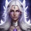 Placeholder: Generate a dungeons and dragons character portrait of a beautiful female paladin aasimar blessed by the goddess Selune. She has long white hair. She has purple eyes. She has some white feathers in the lower part of her long hair. She has a youthful and rounder face. She is in a camp that's lit by moonlight.