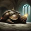 Placeholder: giant armored warrior sleeping on his back on a stone slab in a cathedral cavern