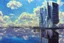 Placeholder: Sunny day, clouds, futuristic buildings, water reflections, sci-fi, tendency to impressionism, realistic painting