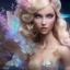 Placeholder: bright fairy, beautiful portrait, blond hair,blue eyes, flowery luminous pastel colors, butterfly