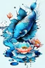 Placeholder: Create a color tattoo of one blue koi fish swimming facing up with water and lotus flowers