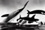 Placeholder: An orca army pod fighting in WW2, swimming up a stream to attack, orca insurgents, armored orcas