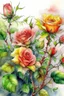 Placeholder: sketch, delicate drawing, watercolor painting, beautiful landscape, a branch of lush non-pink lace roses with buds, many large and small flowers, buds, different shades of color, pixel graphics, many details, sensuality, realism, high quality, decoration, hyperdetalization, professionally, filigree, hyperrealism, backlight, contrast, fantastic, fabulous, unreal, translucent, luminous, clear lines, light green, bluish background at the top, white edges