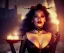 Placeholder: Rita ora, 1800s, witchcraft, long curly black hair, choker, pentagram, black rose, Victorian dress, headdress, blood, holding candle burning, castle