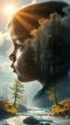 Placeholder: portrait of baby child , Double exposure surreal digital art of a mysterious , his face in profile, blending seamlessly into the shape of the clouds . a magical forest scene unfolds, illuminated by golden light rays, with tall trees and a flowing river.