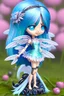 Placeholder: cute happy fairy girl with rounded blue eyes, big long silver hair, and with tiny black fluffy kitty sitting in her five fingers hands, chibi 3d anime character, detailed, fantasy style, nice picture in the big meadow with pale colors flowers