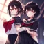 Placeholder: Clear focus, High resolution, fluffy black short hair, dark red eyes, wearing a black and red sailor uniform and pleated black skirt, fluffy hair, detailed outfit, wearing red eyelashes,