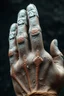 Placeholder: A big fingers of a giant human textured with white powder and muddy skin with cracks and corrosion