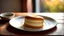 Placeholder: A single delicates roll cake filled citrone creme on a small pale ceramic plate, on a wooden table. A steaming mug (possibly coffee or tea) and a folded newspaper are also on the table. Natural, warm sunlight streams in from a window on the left, casting pleasant shadows and creating a cozy, relaxed morning atmosphere