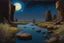 Placeholder: Dark blue sky with one exoplanet in the horizon, rocks, cliffs, puddle, weeds, sci-fi movies influence, epic, ernest welvaert and charles leickert impressionism paintings