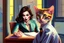 Placeholder: kitten brunette woman secret agent joker in an office in sunshine, very detailed, oil painting