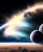 Placeholder: cloudy planet, planet shot from space, beam of light stretches across