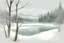 Placeholder: A serene winter scene depicting a frozen lake nestled amidst snow-covered trees. Frame the image as a horizontal composition, with the lake taking up most of the foreground. Maintain a consistent color palette throughout the image, with a focus on muted tones and a sense of overall warmth. In the style of watercolor and ink