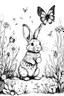 Placeholder: outline art with pencil sketch art for {A cute, smiling rabbit holding the letter 'R' with a cuddly bunny nibbling on a carrot, in a blooming meadow filled with daisies and butterflies.}with floral background pencil sketch style,full body only use outline with black and white outline and make a floral backgound with black and white background