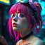 Placeholder: a pretty cyberpunk girl, bright coloured hair, dreaming of escape, young, futuristic, dystopia