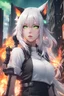 Placeholder: anime girl with cat ears and white hair, green eyes, in a city with fire visuals, weapons