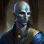 Placeholder: dnd, fantasy, bard, portrait, face, close up, long face, slender face, tall, blue skin, young skin, youthful, clean shaven, bald, ascended, elegant, angular features, light arabic clothes, exotic features