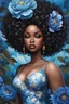 Placeholder: A whimsical art style of a curvy black female looking down with prominent makeup and lush lashes. She has a highly detailed long thick black tight curly afro. The background is filled with lush large blue and black peony flowers