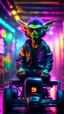 Placeholder: flipped spray paint portrait of Hairy Gremlin pimp ninja yoga cyber punk in flying hipster tractor parked in dark neon lit reflective misty wet arcade hall tunnel,bokeh like f/0.8, tilt-shift lens 8k, high detail, smooth render, down-light, unreal engine, prize winning