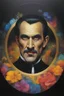 Placeholder: Count Dracula's face inside a small gold circle, multicolored, large, Floral/rainbow designs, atmospheric, beautiful, bright, vibrant colors, pitch-black background, oil painting by Boris Vallejo, 4k UHD, Photorealistic, professional quality