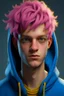 Placeholder: a young man with messy pink hair, gold eyes, wearing a blue hoodie. realistic animated