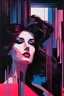 Placeholder: close-up ((head down ((((man)))) in sorrow-eyes closed)) - long floating brown hair ((shattered in many ghostly overprinted faces)) of women and men ((surrounding shadow faces)). Misty red to pink blue Dark mood, Oil neon painting Expressionit art ((80's horror poster)), Patrick Nagel, synthwave, Photo realistic.
