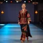 Placeholder: A full-body shot of a beautiful lady wearing azeri folk jacket and pants walking on a nice stage and looking at the camera