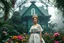 Placeholder: Victorian green open house overtaken by jungle, exotic birds nesting in iron rafters, morning mist, lost paradise atmosphere,a pretty model lady as queen walking in flowers to camera that capture closeup full body shot of her majesty.