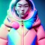 Placeholder: asian woman teenager, few freckles, gold teeth, padded coat, bubbles floating, retro futuristic, latex dress, gradient color, BLUE, PINK, CYAN, neon, insanely detailed, 16k resolution, perfect eyes, cinematic smooth, intricate detail