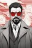 Placeholder: a young man with big muscles who looks like hans gruber wearing a heavy coat and red sunglasses staring with an irritated look on his face