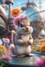 Placeholder: plexi glass tower, portrait cute fluffy wolly squirrel with berret in an air ship hangar by a water slide holding weird flowers in the style of pixar, on a strange planet with weird colors and wind turbines, bokeh like f/0.8, tilt-shift lens 8k, high detail, smooth render, down-light, unreal engine, prize winning