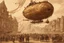 Placeholder: steampunk airship with a large gondolier with people, landing in a city