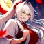 Placeholder: Clear focus, 8k, beautiful lighting, vibrant colors, girl, white long hair, vibrant golden eyes, messy hair, hair in between the eyes, laughing, angry, miko, ponytail,