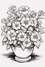 Placeholder: outline art of flowers in basketonly black and white, no colour , White background. sketch style, clean line art, white background, no shadow and clear, no people, no colour, for book