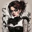 Placeholder: create a wild caricature of Maisie Williams as a savage, sullen, gothpunk vampire girl with highly detailed and refined facial features and hair, clothed in an ornate Gothic rags and fishnet stockings, in the caricature cartoon style of Gerald Scarfe and Ralph Steadman, precisely drawn, boldly inked, vividly colored, 4k