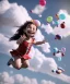 Placeholder: Ultra realistic speed clouds sky scene, wide angle view, childs falling down with many Childs background, circus dress style, feather color, free jumping flying, many trinkets, hair monster, many jelly beans, balls, color smoke, smile, happy, extreme, wind, clouds sea, 20,000 feet altitude, stratosphere, soft color, highly detailed, unreal engine 5, ray tracing, RTX, lumen lighting, ultra detail, volumetric lighting, 3d, finely drawn, high definition, high resolution.