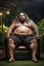 Placeholder: half figure shot photography of a corpulent heavyset gipsy shirtless man, 35 years old in bulging shorts, tattoo, manly chest, short dreadlocks , sweat, wet, relaxing on a chair, in a private elegant garden of a villa, raining nighttime, big shoulders, big tights, ambient occlusion, photorealistic, frontal view from the ground, dim light from little bulbs