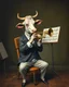 Placeholder: Bosch painting style ,nightmare, a cow wearing a suit and playing the trumpet sitting on a chair in front of musical notesheet stand