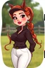 Placeholder: In a realistic, non-anime, cartoon style like: body shot of 40-year old chubby redhead with thick red lips and smoky eyes with long lashes who looks a lot like Jewel DeNyle. She is wearing equestrian attire with tight white pants.