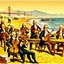 Placeholder: Ludwig van Beethoven, Johannes Brahms, Wolfgang Amadeus Mozart, Antonin Dubzek and Johann Sebastian Bach stand on the boardwalk on the beach in San Francisco and play violins in front of children, men and women who sit on the floor and listen to them,