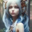 Placeholder: Abstract portrait of a cute forest monster with long, curled, white hair and blue eyes. She has rough copper skin with yakuza tatu, atmospheric, realistic, unreal engine cosmic galactic, cinematic lighting, octane render, random colors, transparent, cosmic ambiance, masterpiece, art by Yoji Shinkawa, composing fit inside, masterpiece