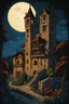 Placeholder: museum quality color woodcut landscape of a fanciful medieval Italian tower house inhabited by vampires, with highly detailed stonework in 10th century Florence on a dark summer moonlit night, in the style of Gustave Baumann, with a fine art aesthetic, highly detailed, finely cut ,8k render, soft early summer colors