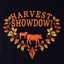 Placeholder: an autumn colored textured cloth embroidered ornamental leaves and cattle, pointed bottom, on dark background, embroidered text across top "HARVEST SHOWDOWN" block text, Canadian western cowboy style