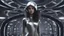 Placeholder: A slim young woman in a silver catsuit with circuitry, standing in a futuristic alien city holding an umbrella shaped like a mushroom with tentacles