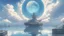 Placeholder: giant half transparent moon, glitchy, blurry, mechanical, sci-fi, maximum quality, centered on frame, far view, seasidel, white sky with cumulonimbus, anime, makoto shinkai style, japanese harbor