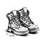 Placeholder: Wasted hiking boots. Cartoon style in black and white, pencil sketch.