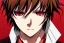 Placeholder: Detailed pretty anime boy, brown hair with blonde strips, keep head in frame, headshot, glaring, brown eyes, covered in bandages, looking serious, illustration, digital painting, only one character, color scheme red, wearing many bandages, Osamu Dazai inspired, anime inspired, manga, dazai, red hair, Chuuya, pretty, scruffy, angry, brooding, manga inspired, small nose, long lower eyelashes, handsome, widows peak, headshot, glaring, cute, wearing a bandage on neck, small nose, scruffy hair