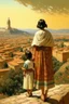 Placeholder: 2 mexican woman painting neoclassism standing from the back whole body zoom out looking at a traditional mexican city with child