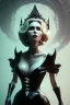 Placeholder: Constance Langdon as evil queen in black leather, leather, busty, cleavage, angry, stern look. character design by cory loftis, fenghua zhong, ryohei hase, ismail inceoglu and ruan jia. unreal engine 5, artistic lighting, highly detailed, photorealistic, fantasy